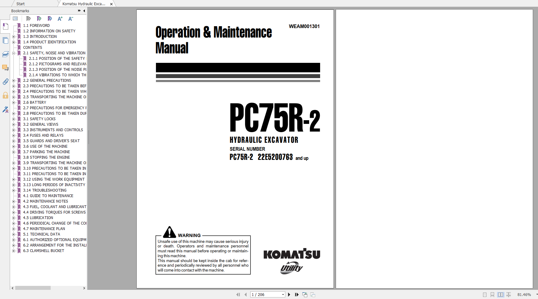 Komatsu Hydraulic Excavator PC75R 2 Operation Maintenance Manual WEAM001301