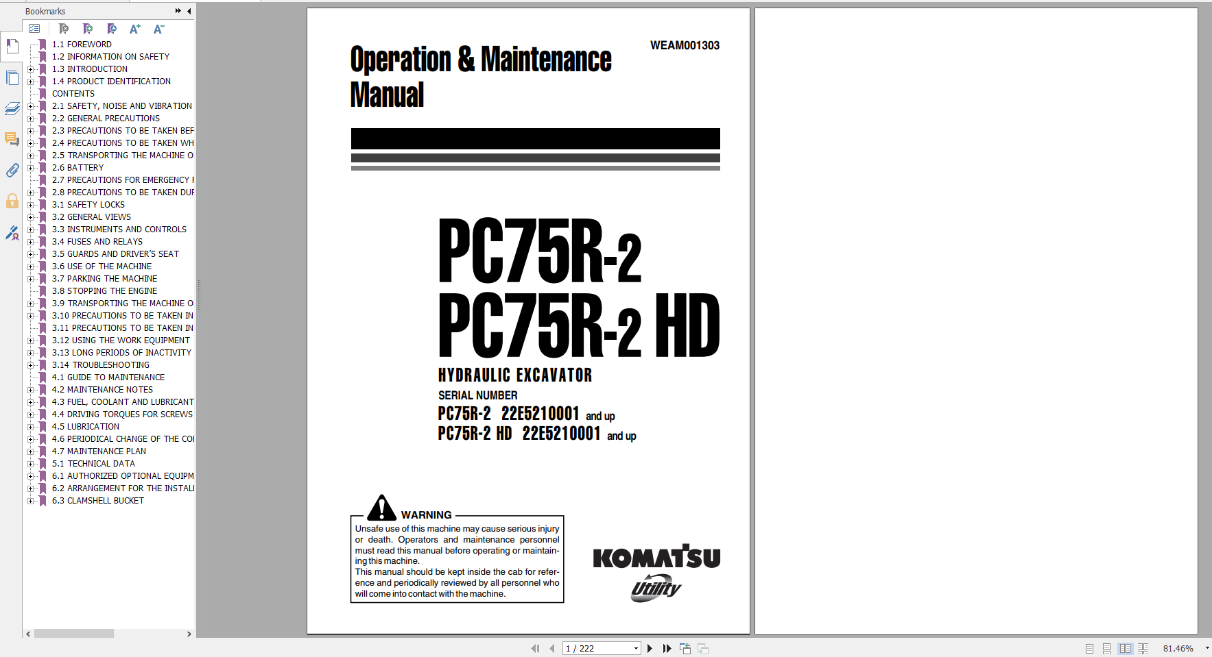 Komatsu Hydraulic Excavator PC75R 2 PC75R 2HD Operation Maintenance Manual WEAM001303