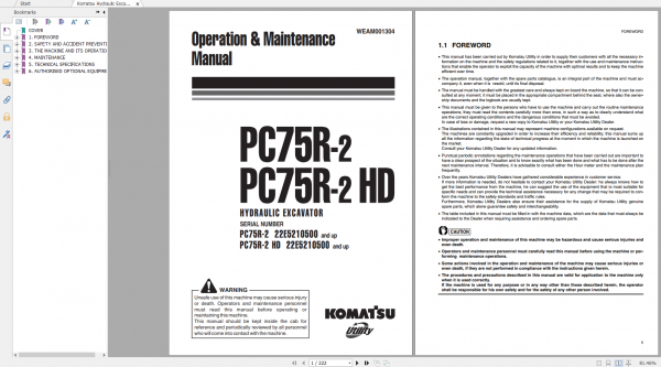 Komatsu Hydraulic Excavator PC75R 2 PC75R 2HD Operation Maintenance Manual WEAM001304