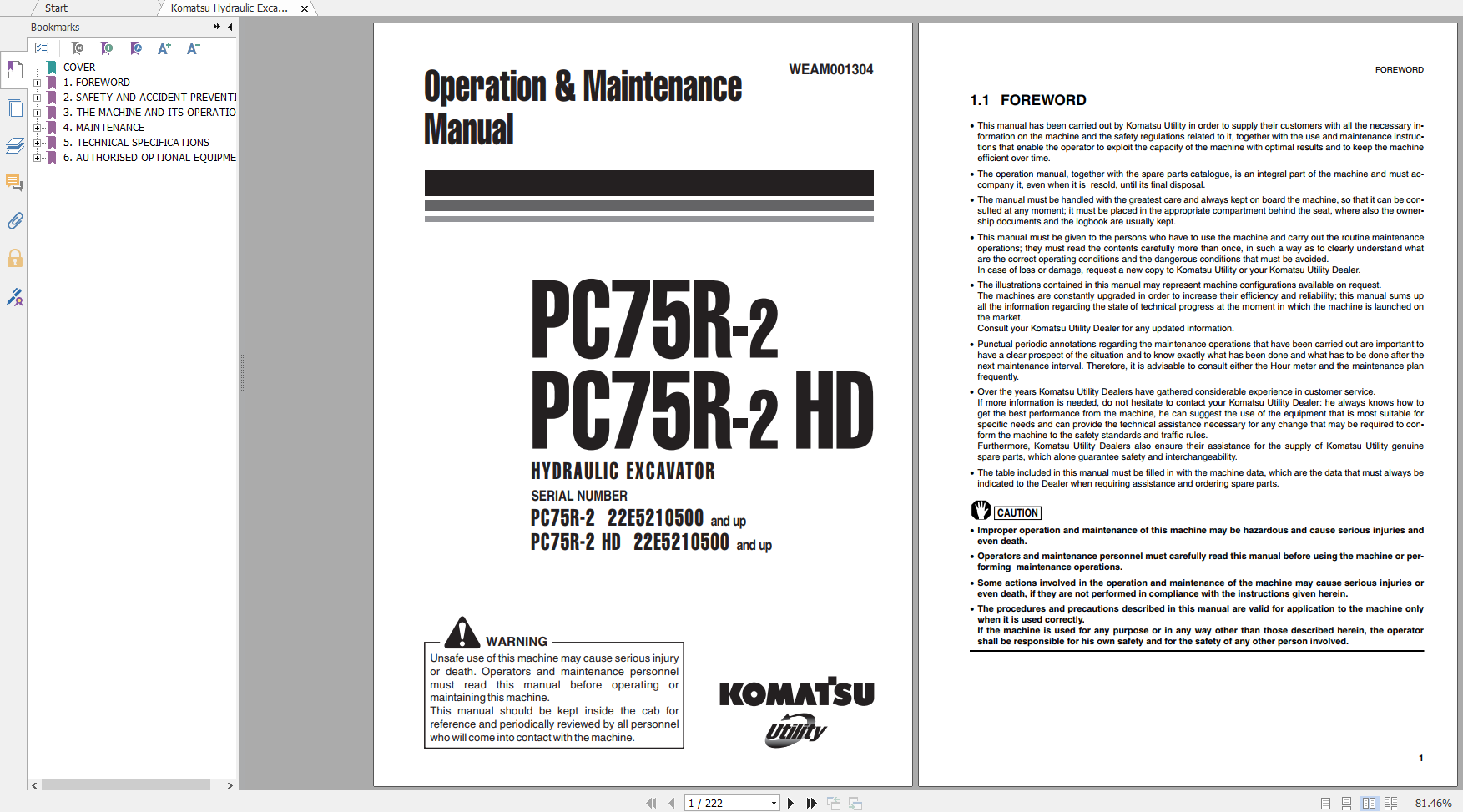 Komatsu Hydraulic Excavator PC75R 2 PC75R 2HD Operation Maintenance Manual WEAM001304