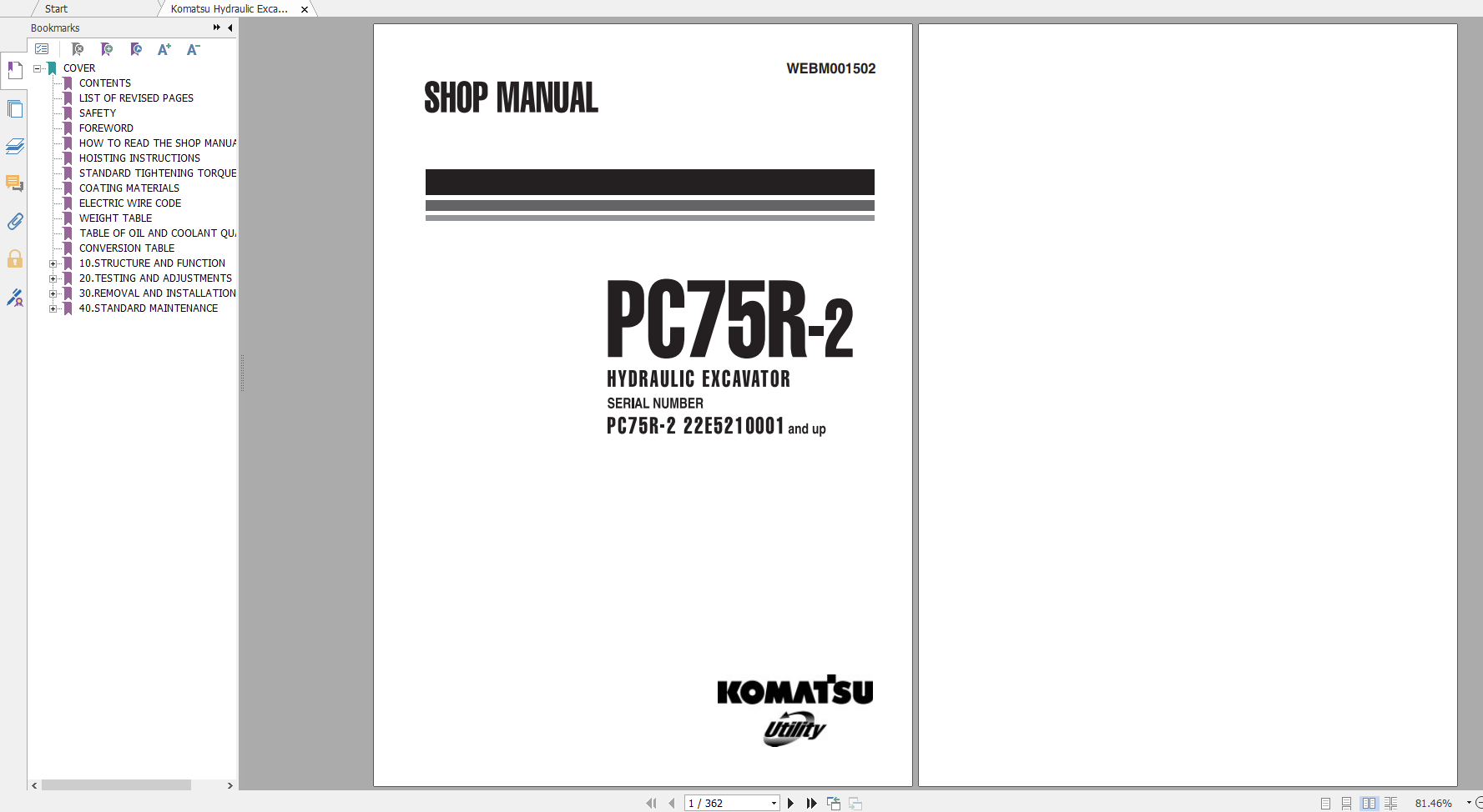Komatsu Hydraulic Excavator PC75R 2 Shop Manual WEBM001502 2003