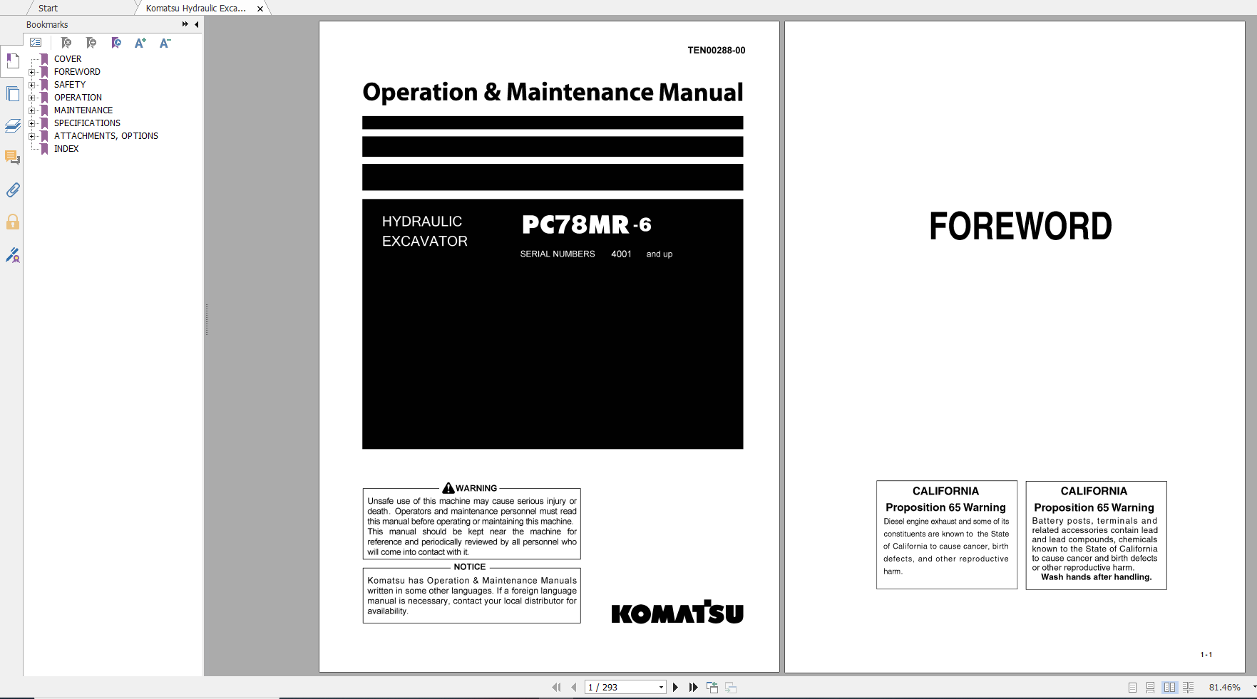 Komatsu Hydraulic Excavator PC78MR 6 Operation Maintenance Manual TEN00288 00 2008
