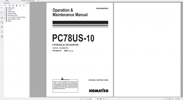 Komatsu Hydraulic Excavator PC78US 10 Operation Maintenance Manual WENAM00050 2015