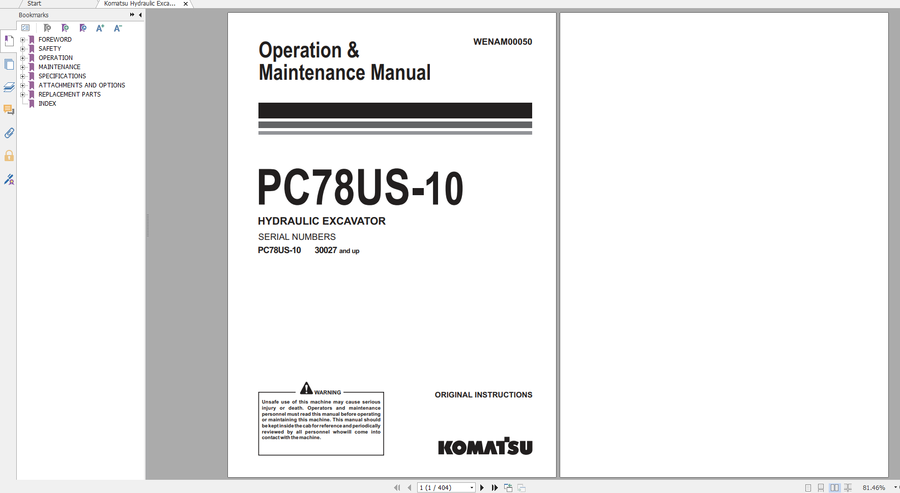 Komatsu Hydraulic Excavator PC78US 10 Operation Maintenance Manual WENAM00050 2015
