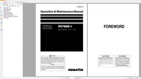 Komatsu Hydraulic Excavator PC78US 6 Operation Maintenance Manual TEN00289 00 2008