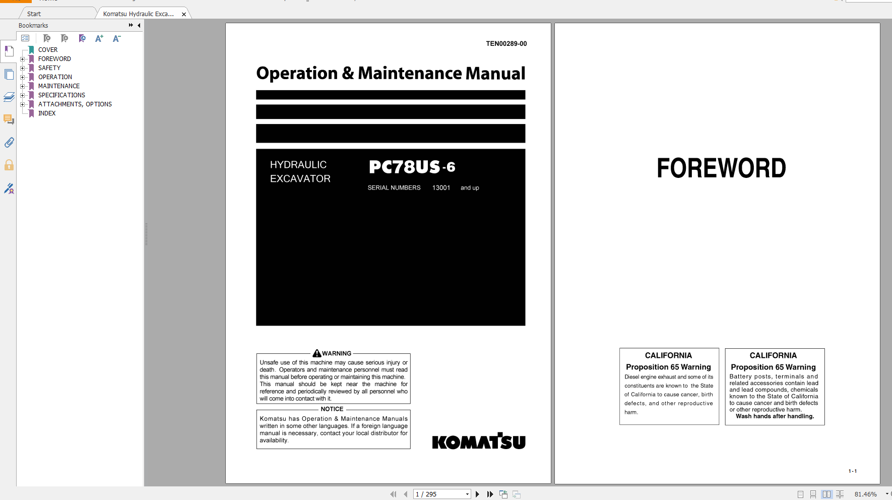 Komatsu Hydraulic Excavator PC78US 6 Operation Maintenance Manual TEN00289 00 2008