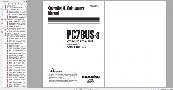Komatsu Hydraulic Excavator PC78US 8 Operation Maintenance Manual WEAM010100 2008
