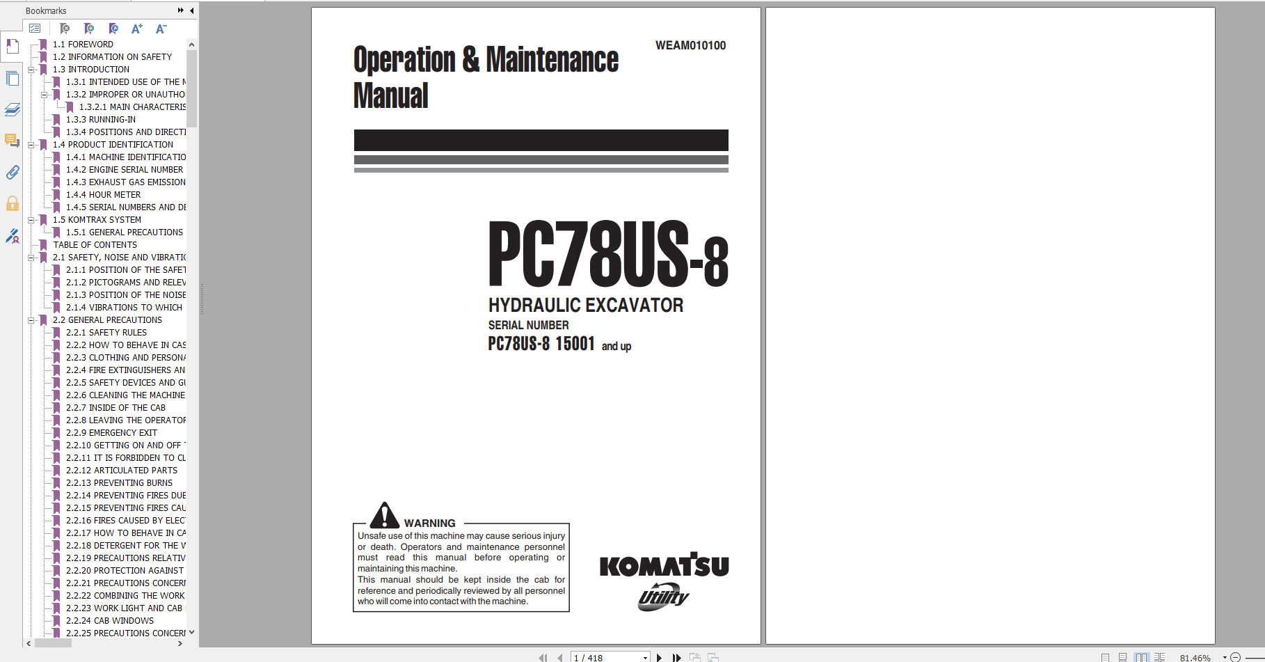 Komatsu Hydraulic Excavator PC78US 8 Operation Maintenance Manual WEAM010100 2008