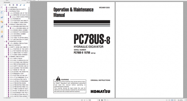 Komatsu Hydraulic Excavator PC78US 8 Operation Maintenance Manual WEAM013203 2012
