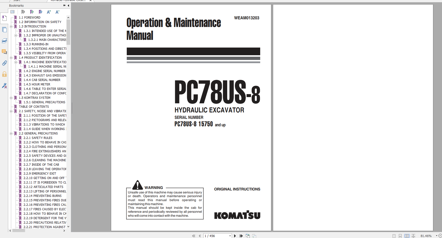 Komatsu Hydraulic Excavator PC78US 8 Operation Maintenance Manual WEAM013203 2012