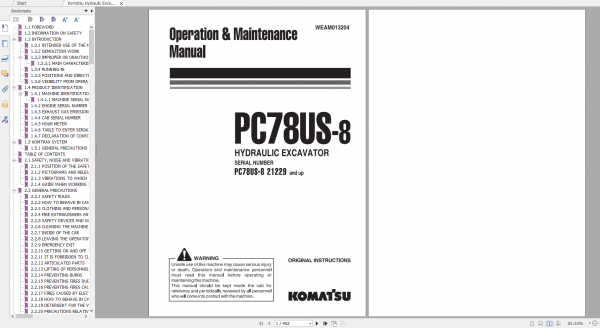 Komatsu Hydraulic Excavator PC78US 8 Operation Maintenance Manual WEAM013204 2014