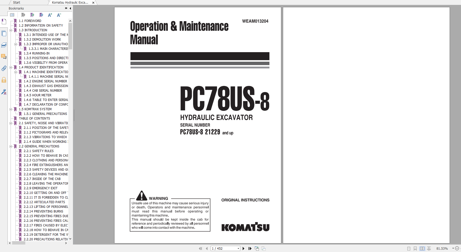Komatsu Hydraulic Excavator PC78US 8 Operation Maintenance Manual WEAM013204 2014