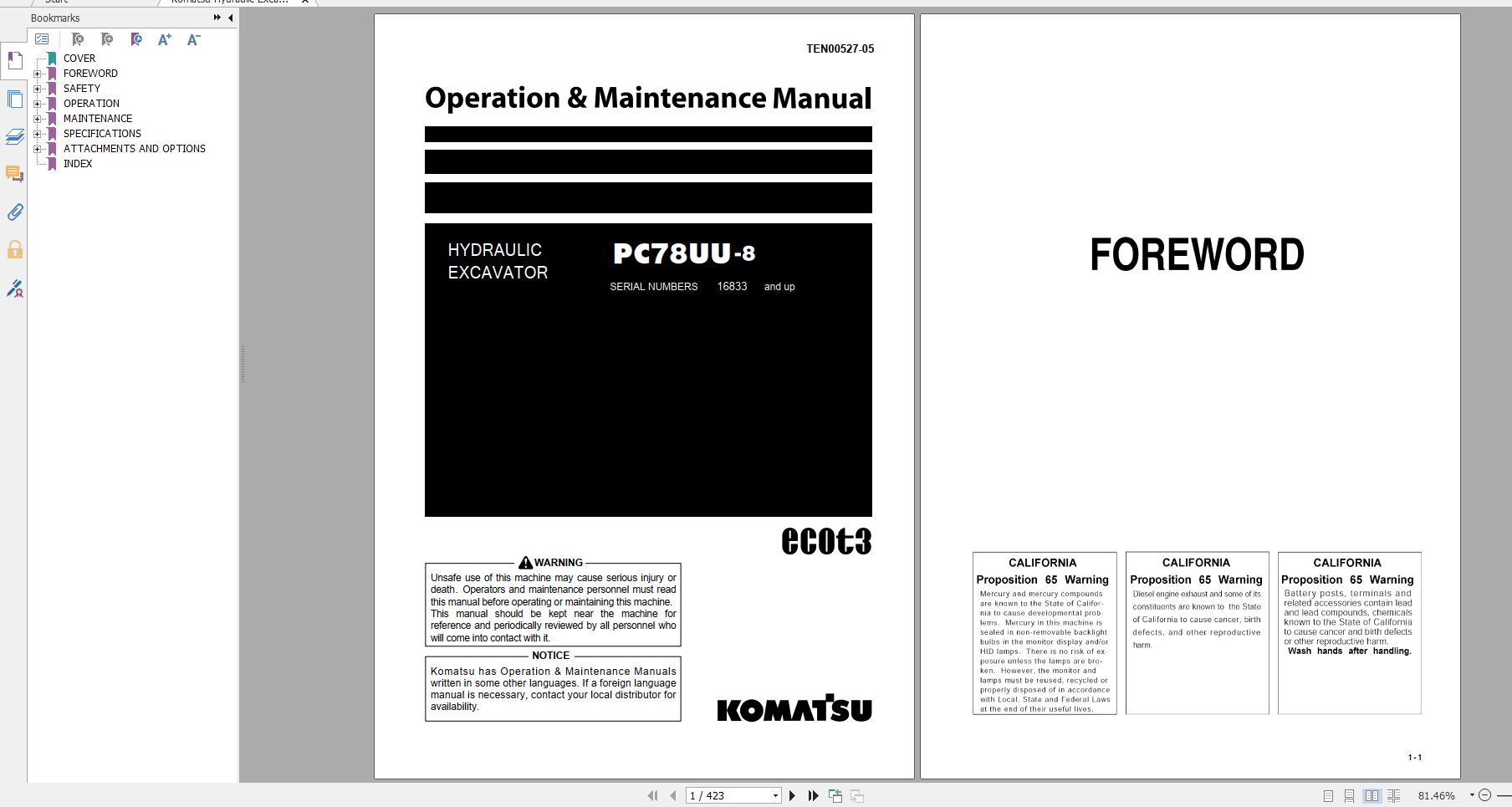 Komatsu Hydraulic Excavator PC78UU 8 Operation Maintenance Manual TEN00527 05 2018