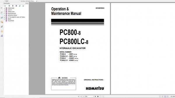 Komatsu Hydraulic Excavator PC800 8 PC800LC 8 Operation Maintenance Manual UEAM005404 2010