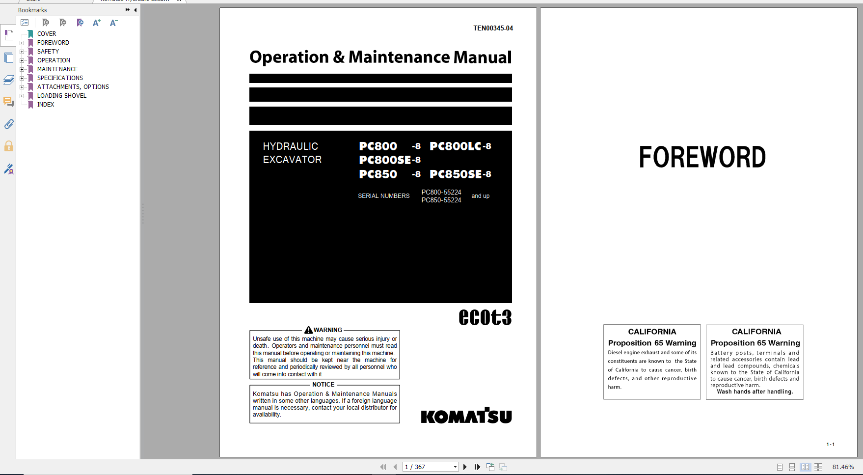 Komatsu Hydraulic Excavator PC800 8 PC800LC 8 PC800SE 8 PC850 8 PC850SE 8 Operation Maintenance Manual TEN00345 04 2016