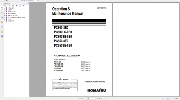 Komatsu Hydraulic Excavator PC800 8E0 PC800LC 8E0 PC800SE 8E0 PC850 8E0 PC850SE 8E0 Operation Maintenance Manual UENAM01072 2017
