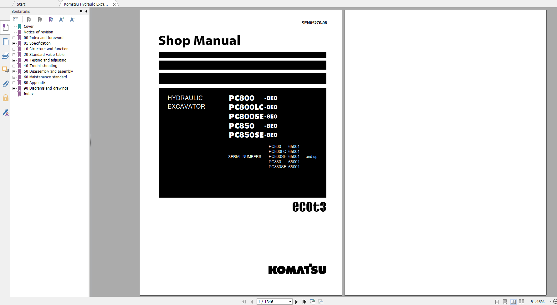 Komatsu Hydraulic Excavator PC800 8E0 PC800LC 8E0 PC800SE 8E0 PC850 8E0 PC850SE 8E0 Shop Manual SEN05276 08 2019
