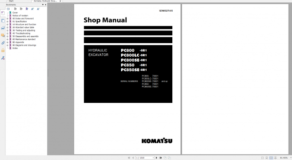Komatsu Hydraulic Excavator PC800 8R1 PC800LC 8R1 PC800SE 8R1 PC850 8R1 PC850SE 8R1 Shop Manual SEN05279 05 2019
