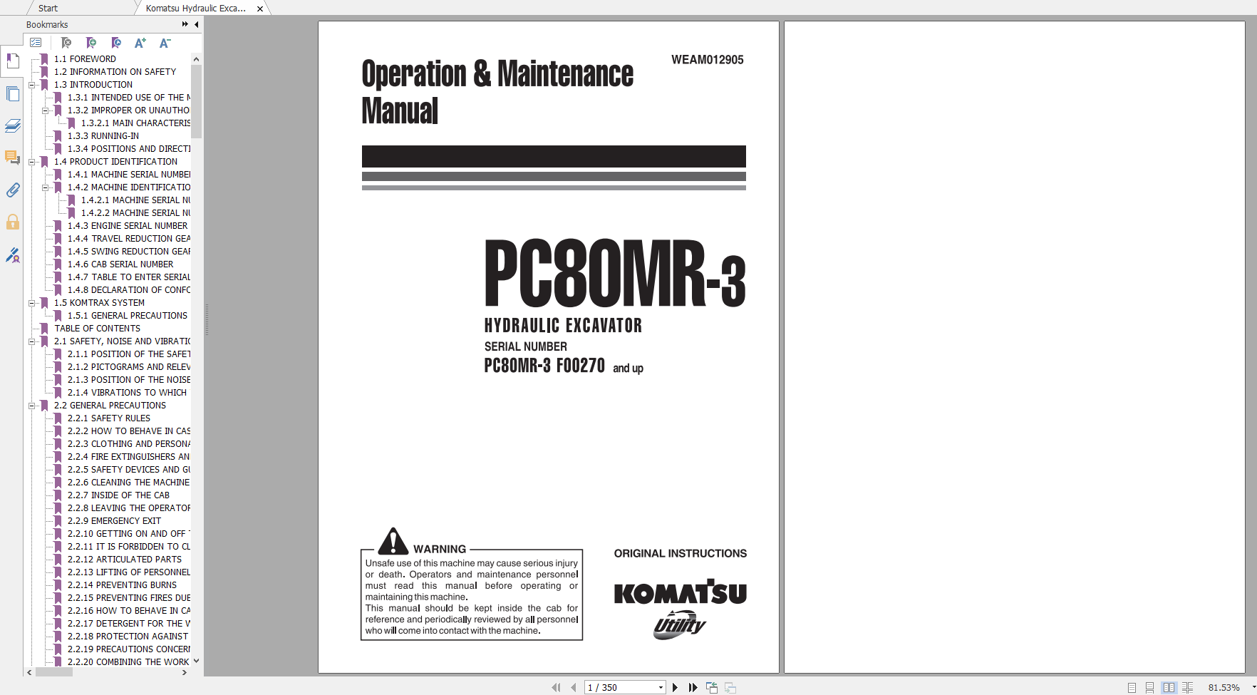 Komatsu Hydraulic Excavator PC80MR 3 Operation Maintenance Manual WEAM012905 2011