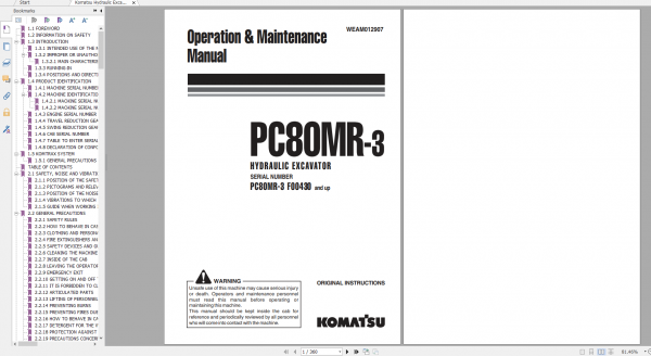 Komatsu Hydraulic Excavator PC80MR 3 Operation Maintenance Manual WEAM012907 2012