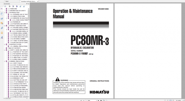 Komatsu Hydraulic Excavator PC80MR 3 Operation Maintenance Manual WEAM012908 2014