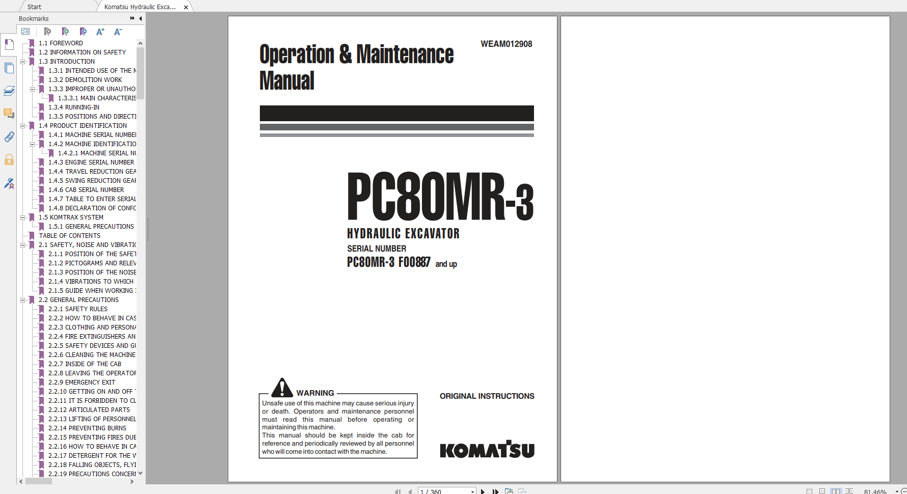 Komatsu Hydraulic Excavator PC80MR 3 Operation Maintenance Manual WEAM012908 2014