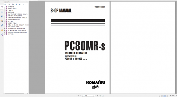 Komatsu Hydraulic Excavator PC80MR 3 Shop Manual WEBM008601 2009