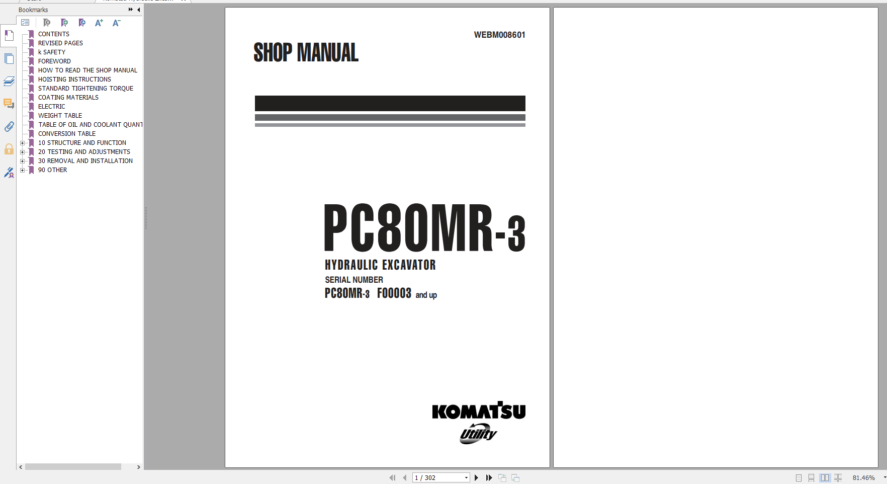 Komatsu Hydraulic Excavator PC80MR 3 Shop Manual WEBM008601 2009