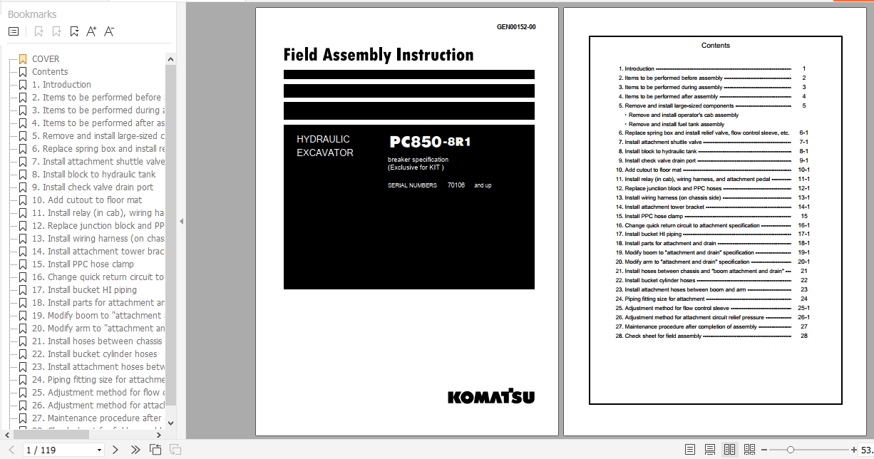 Komatsu Hydraulic Excavator PC850 8R1 Field Assembly Instruction GEN00152 00