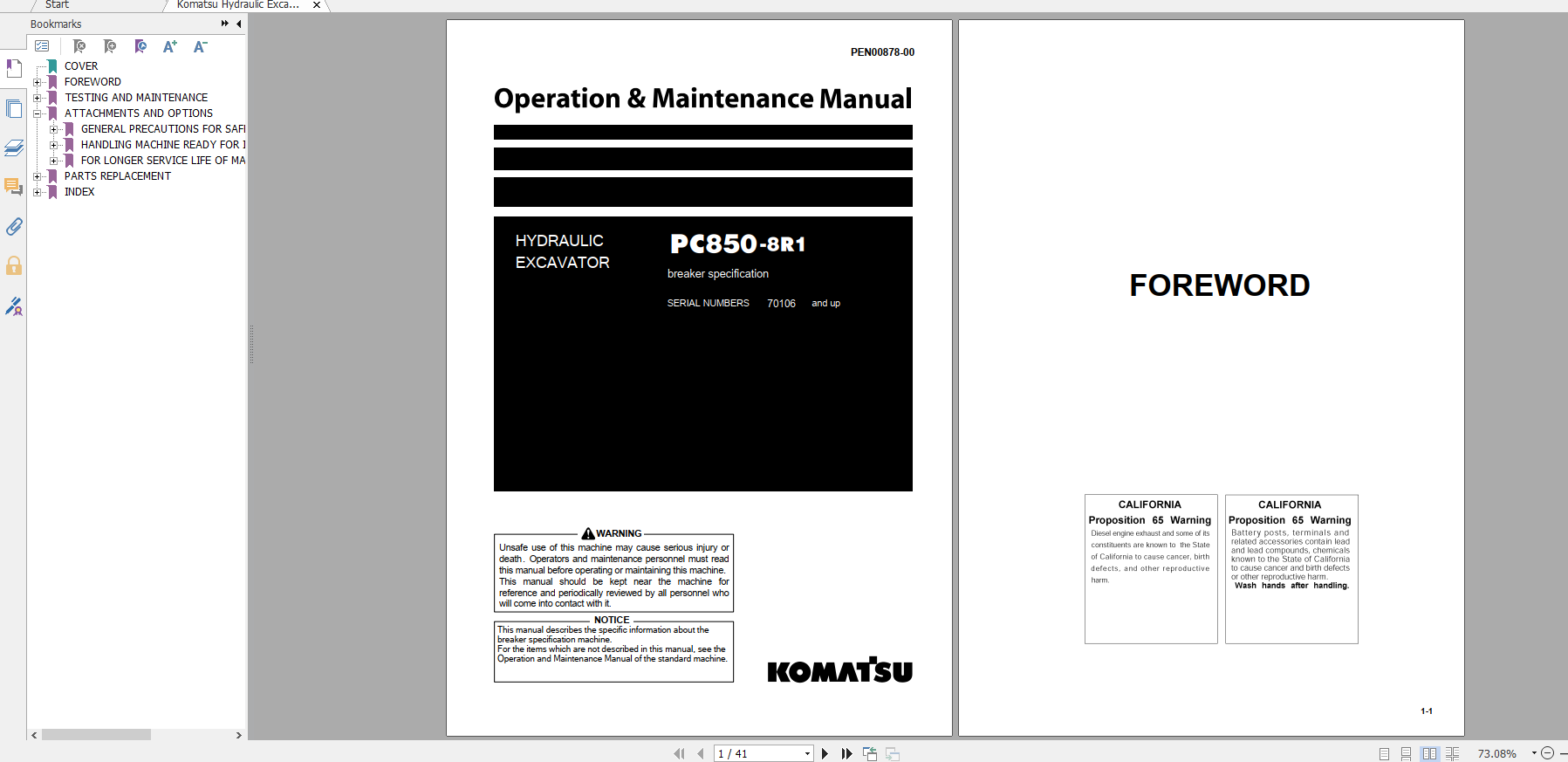 Komatsu Hydraulic Excavator PC850 8R1 Operation Maintenance Manual PEN00878 00 2016