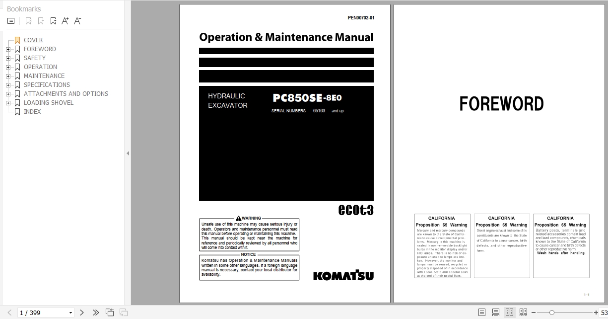 Komatsu Hydraulic Excavator PC850SE 8E0 Operation Maintenance Manual PEN00702 01 2019