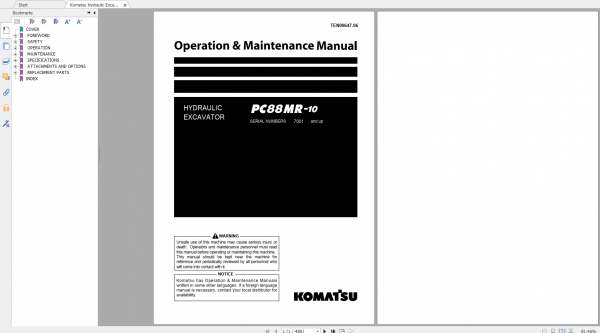 Komatsu Hydraulic Excavator PC88MR 10 Operation Maintenance Manual TEN00647 06 2019