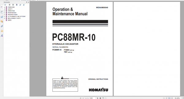 Komatsu Hydraulic Excavator PC88MR 10 Operation Maintenance Manual WENAM00040 2015
