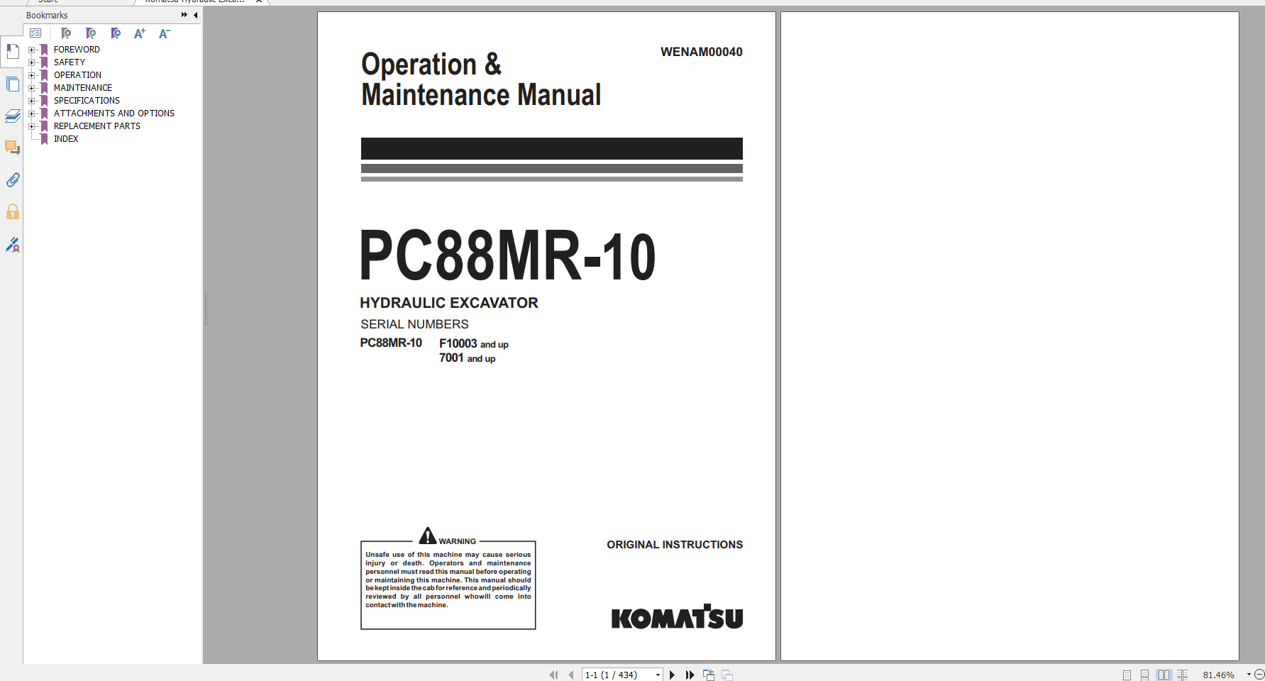 Komatsu Hydraulic Excavator PC88MR 10 Operation Maintenance Manual WENAM00040 2015