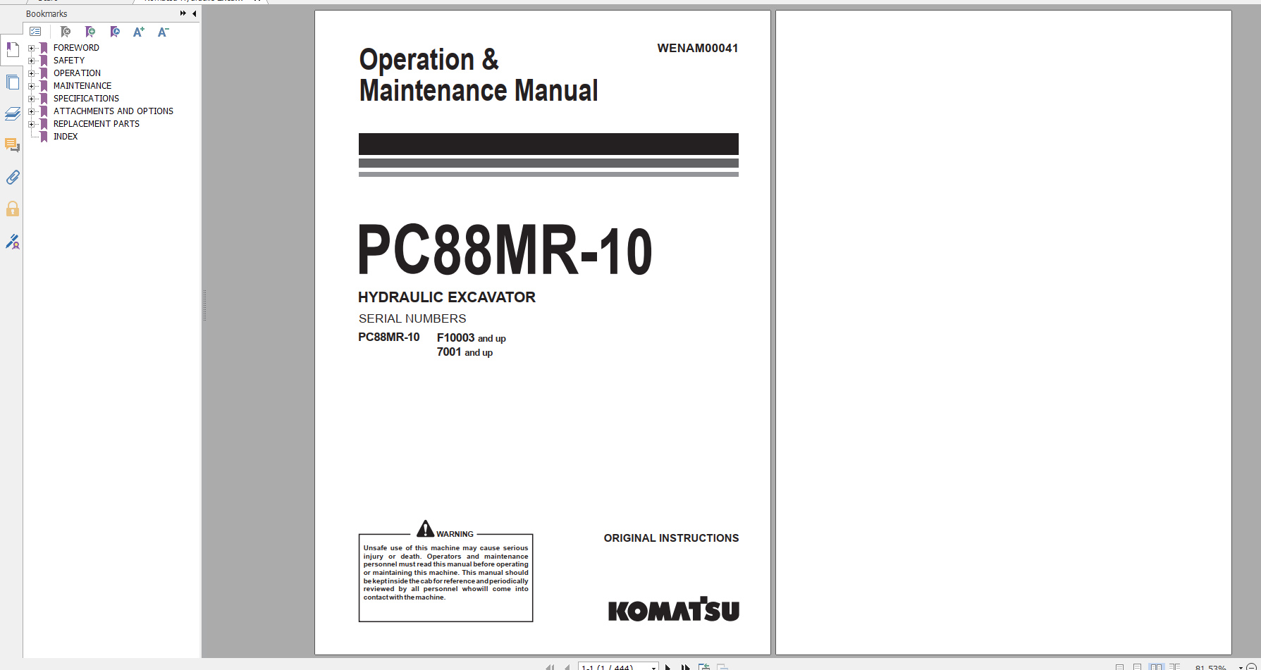 Komatsu Hydraulic Excavator PC88MR 10 Operation Maintenance Manual WENAM00041 2017