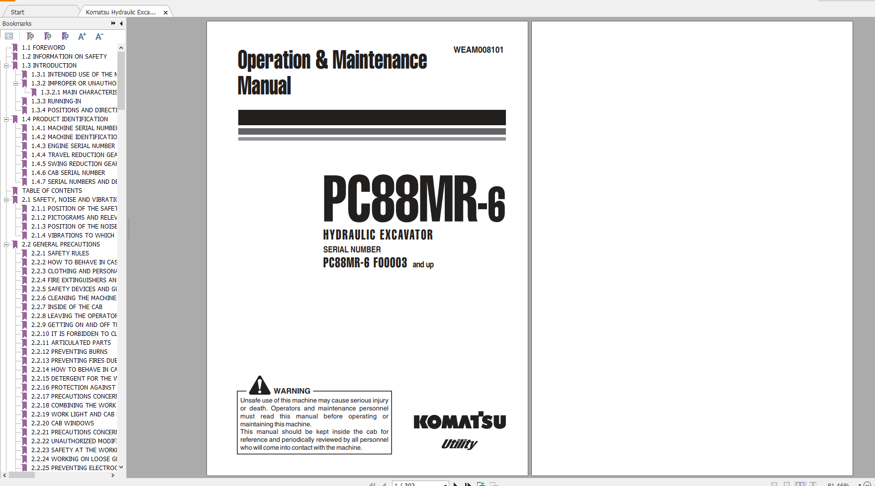 Komatsu Hydraulic Excavator PC88MR 6 Operation Maintenance Manual WEAM008101 2006