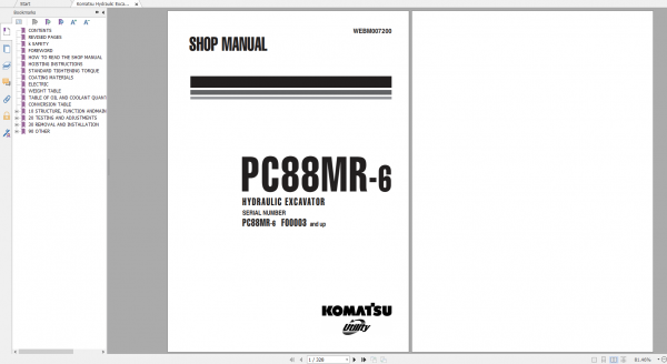 Komatsu Hydraulic Excavator PC88MR 6 Shop Manual WEBM007200 2007