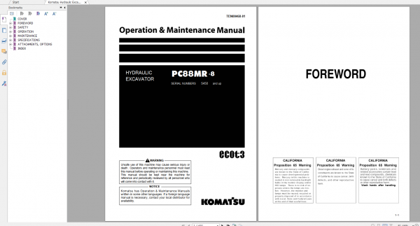 Komatsu Hydraulic Excavator PC88MR 8 Operation Maintenance Manual TEN00468 01 2011