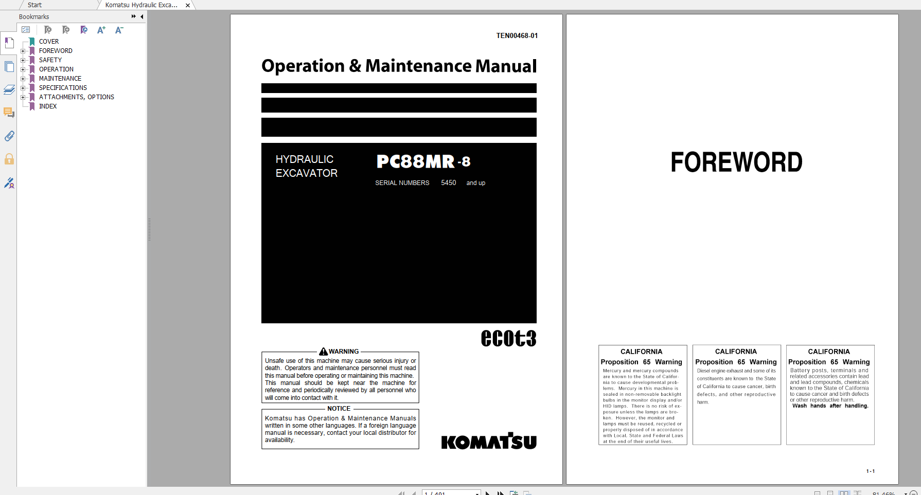 Komatsu Hydraulic Excavator PC88MR 8 Operation Maintenance Manual TEN00468 01 2011