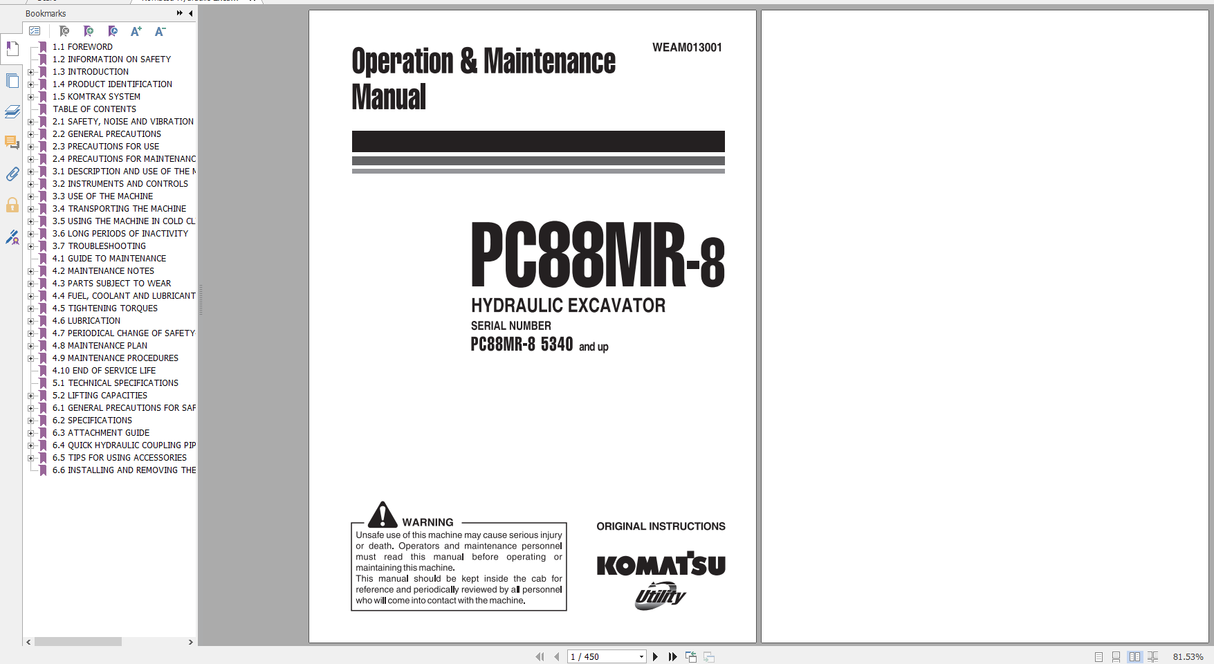 Komatsu Hydraulic Excavator PC88MR 8 Operation Maintenance Manual WEAM013001 2010