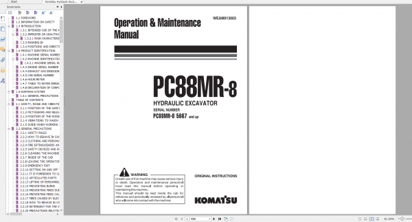 Komatsu Hydraulic Excavator PC88MR 8 Operation Maintenance Manual WEAM013003 2012