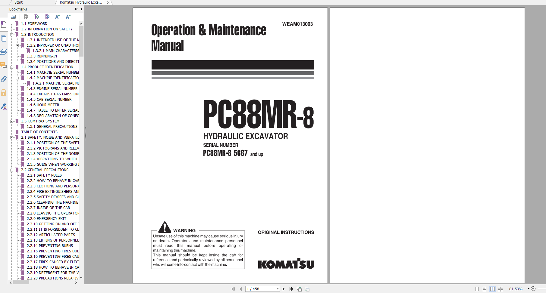 Komatsu Hydraulic Excavator PC88MR 8 Operation Maintenance Manual WEAM013003 2012