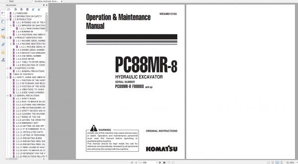 Komatsu Hydraulic Excavator PC88MR 8 Operation Maintenance Manual WEAM013103 2012