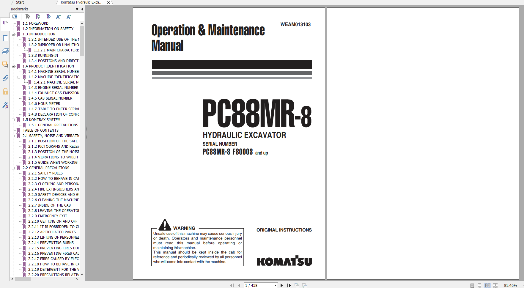 Komatsu Hydraulic Excavator PC88MR 8 Operation Maintenance Manual WEAM013103 2012