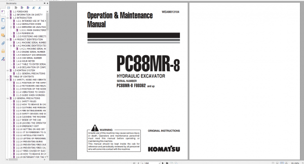 Komatsu Hydraulic Excavator PC88MR 8 Operation Maintenance Manual WEAM013104 2014