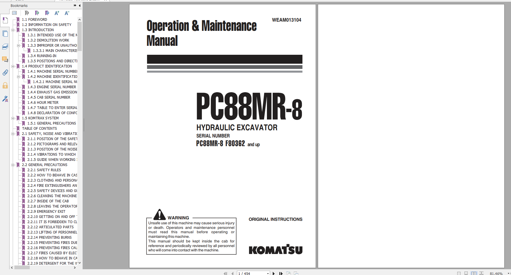 Komatsu Hydraulic Excavator PC88MR 8 Operation Maintenance Manual WEAM013104 2014