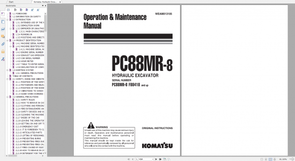 Komatsu Hydraulic Excavator PC88MR 8 Operation Maintenance Manual WEAM013105 2014