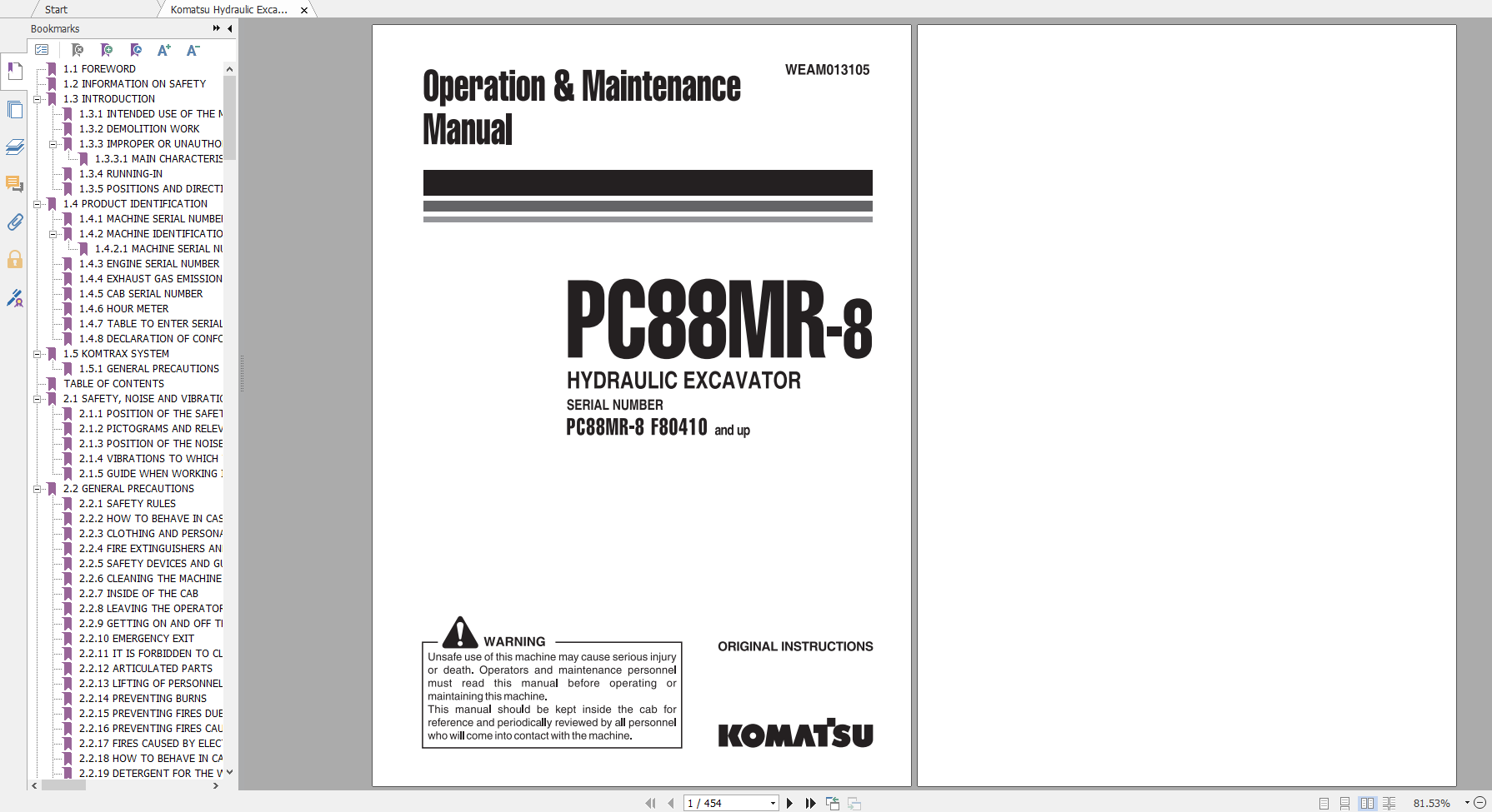 Komatsu Hydraulic Excavator PC88MR 8 Operation Maintenance Manual WEAM013105 2014