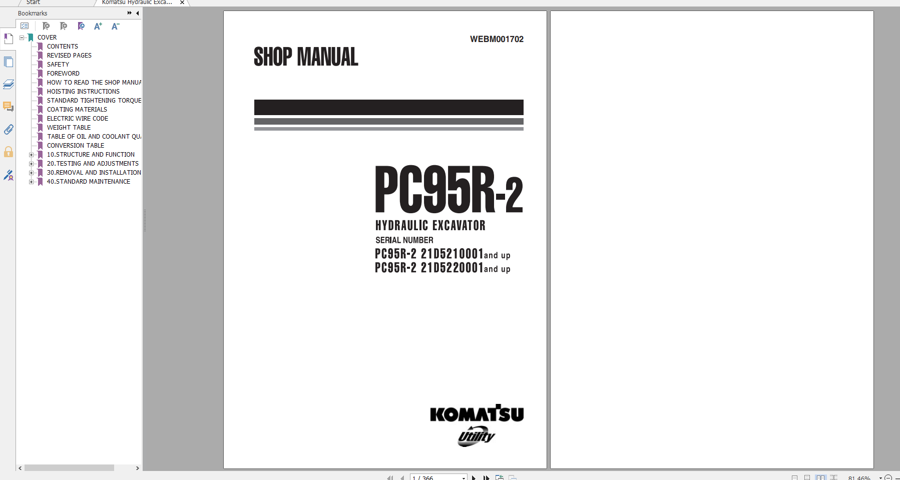 Komatsu Hydraulic Excavator PC95R 2 Shop Manual WEBM001702