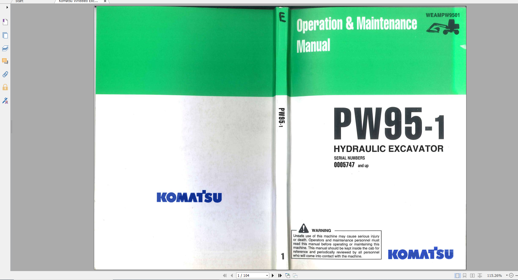 Komatsu Hydraulic Excavator PW95 1 Operation Maintenance Manual WEAMPW9501